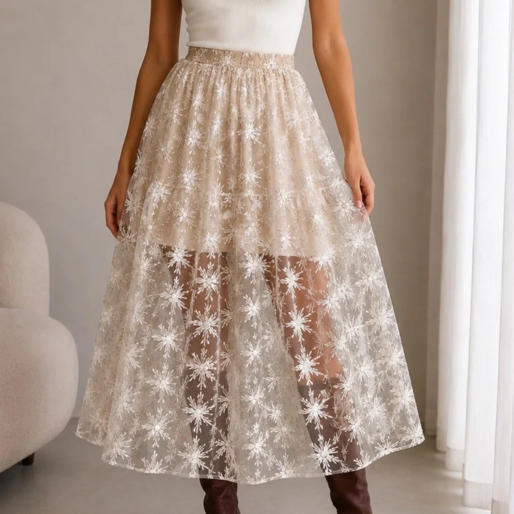 Maje Beige Tulle Midi Skirt with Silver Starburst Embroidery